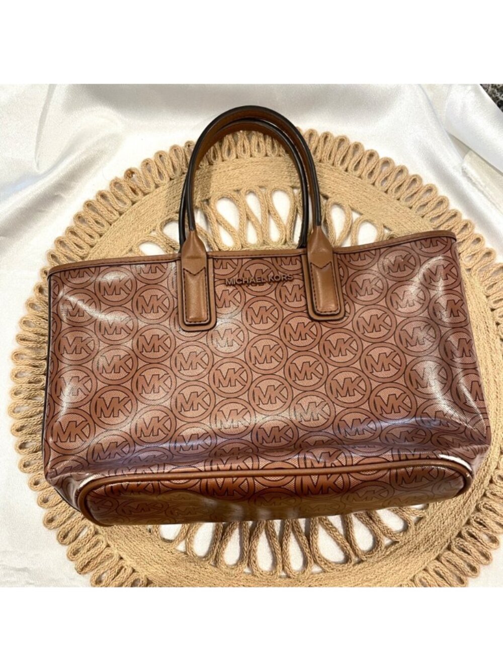 Michael Kors Jodie Small Logo Jacquard Tote Bag in Luggage Tan - Picture 3 of 10